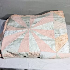 Amazing Vintage Handmade Patchwork Tangerine Orange and White 84×72 Quilt